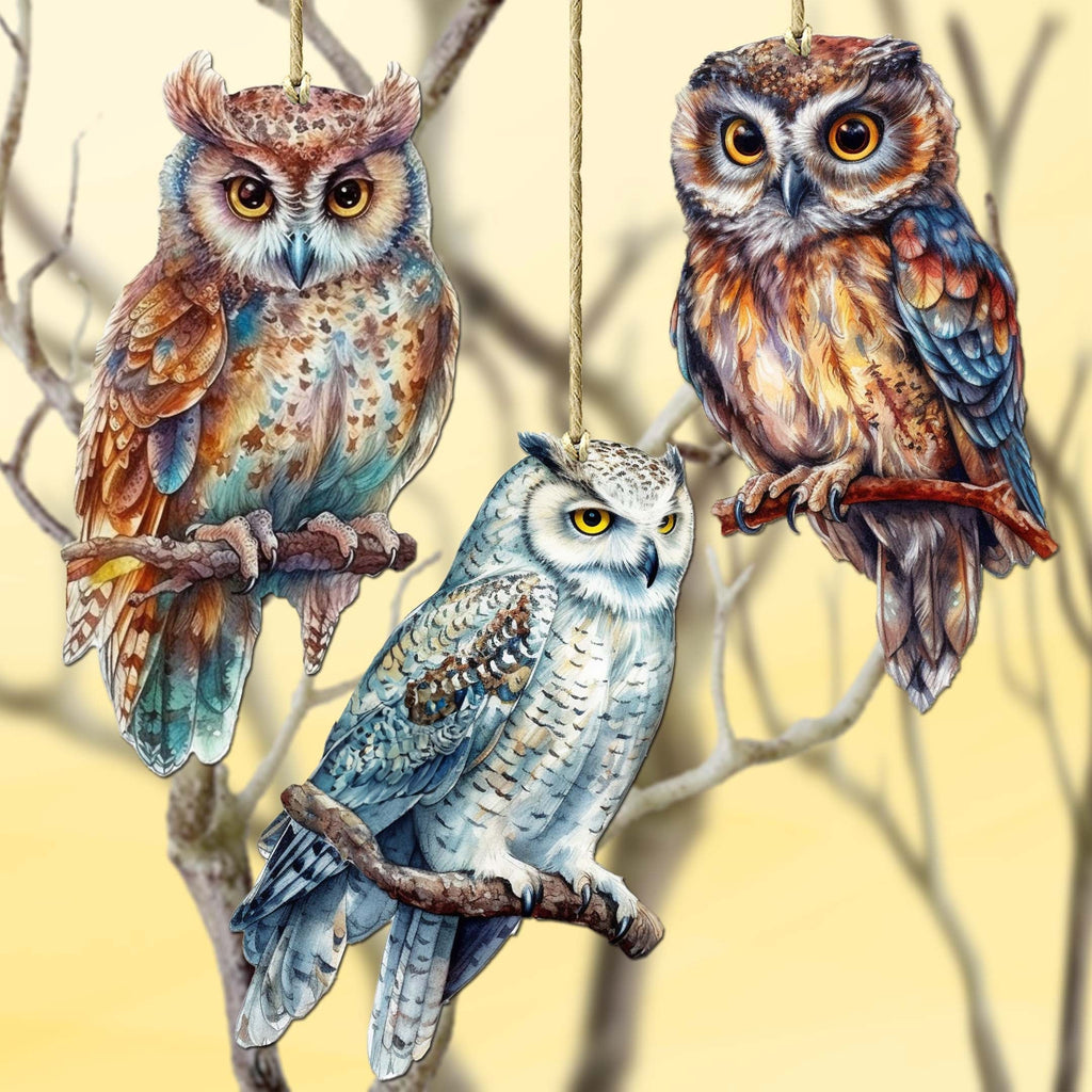 Night Owls Decorative Wooden Ornaments of 3 by G. Debrekht - Wildlife Decor - 8091004-S3-1