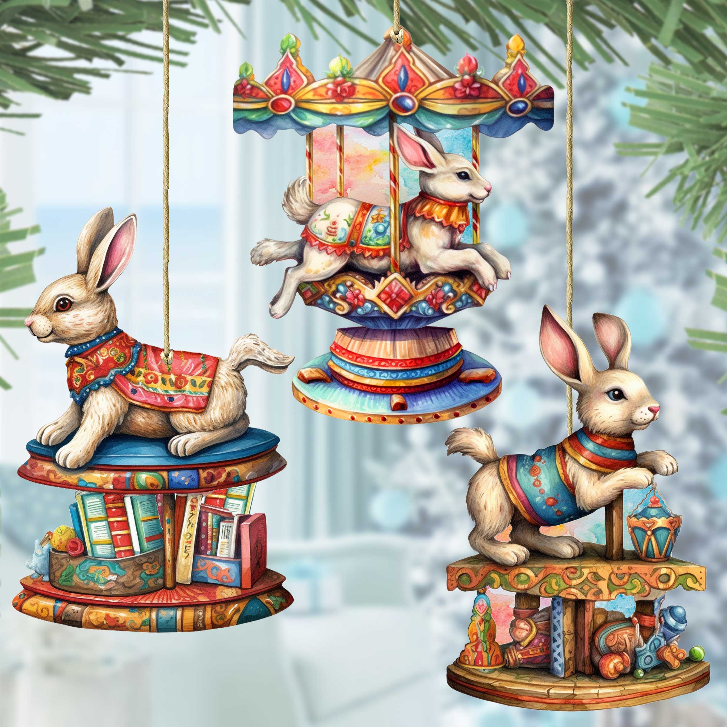 Carousel Bunnies Wooden Ornaments Set of 3 by G. Debrekht - Christmas Decor - 8100195S3-0