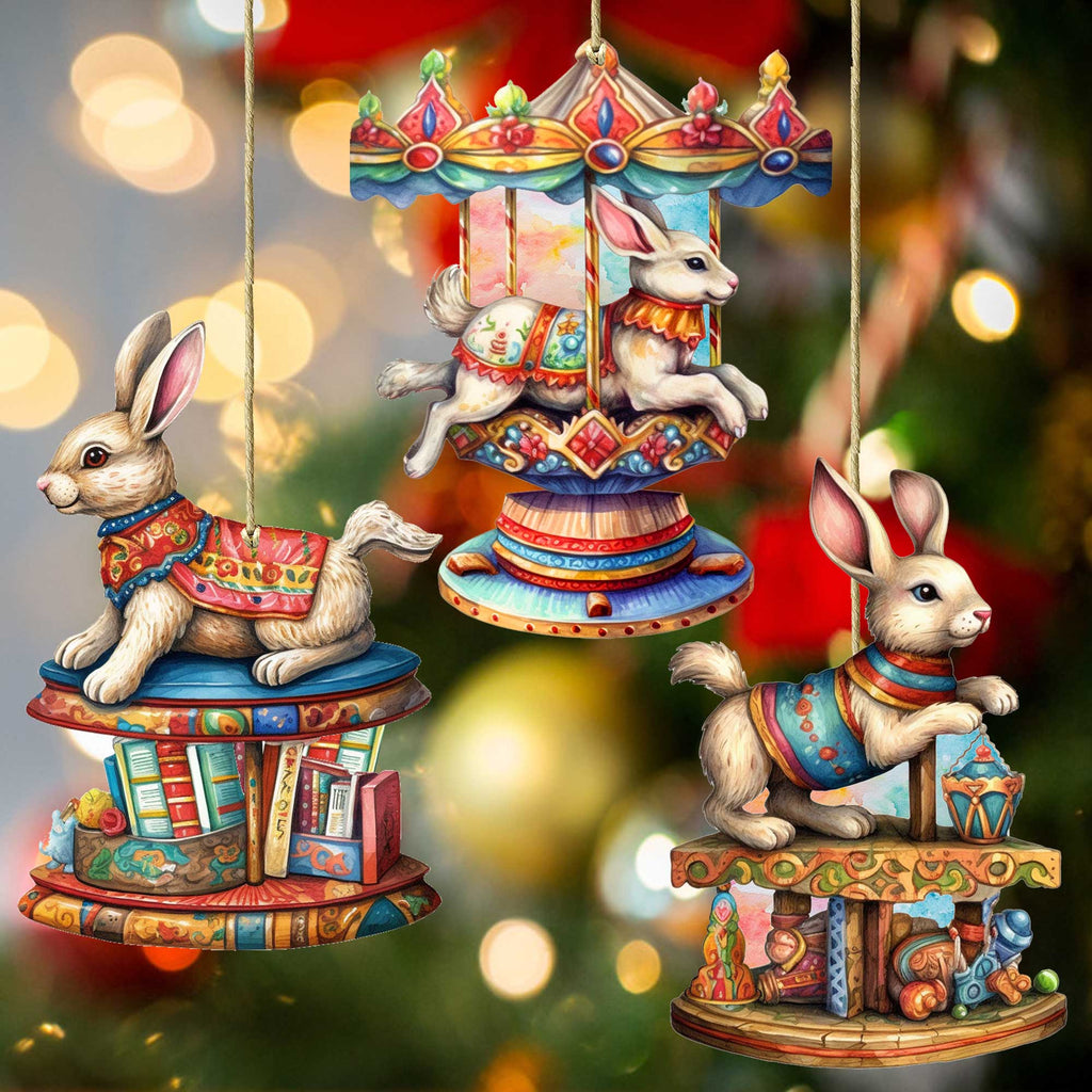 Carousel Bunnies Wooden Ornaments Set of 3 by G. Debrekht - Christmas Decor - 8100195S3-1