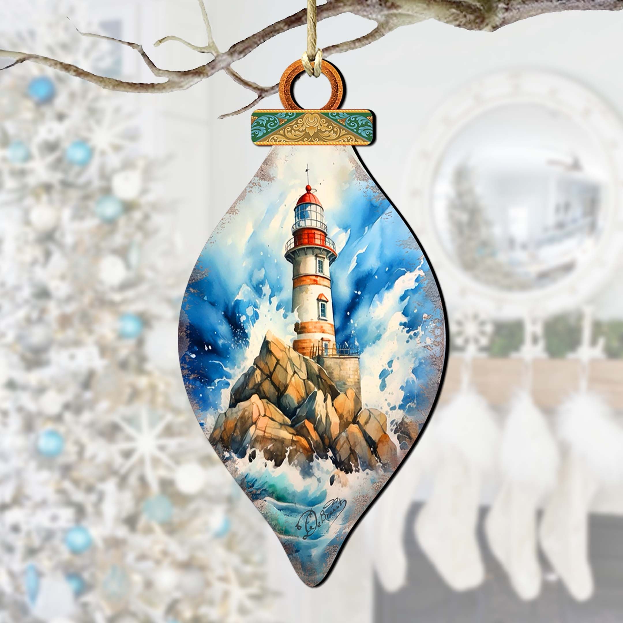 Wooden Christmas Tree Decorations - Lighthouse Wooden Ornaments by G.Debrekht Coastal Holiday Decor - 8688177-0