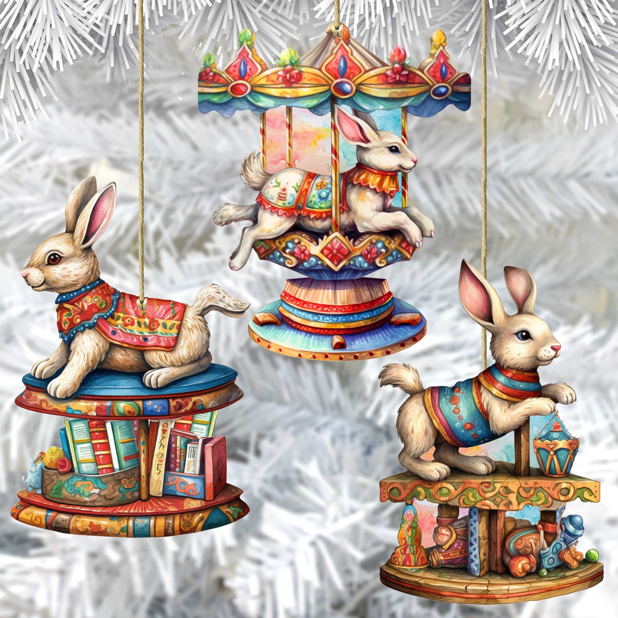Carousel Bunnies Wooden Ornaments Set of 3 by G. Debrekht - Christmas Decor - 8100195S3-4