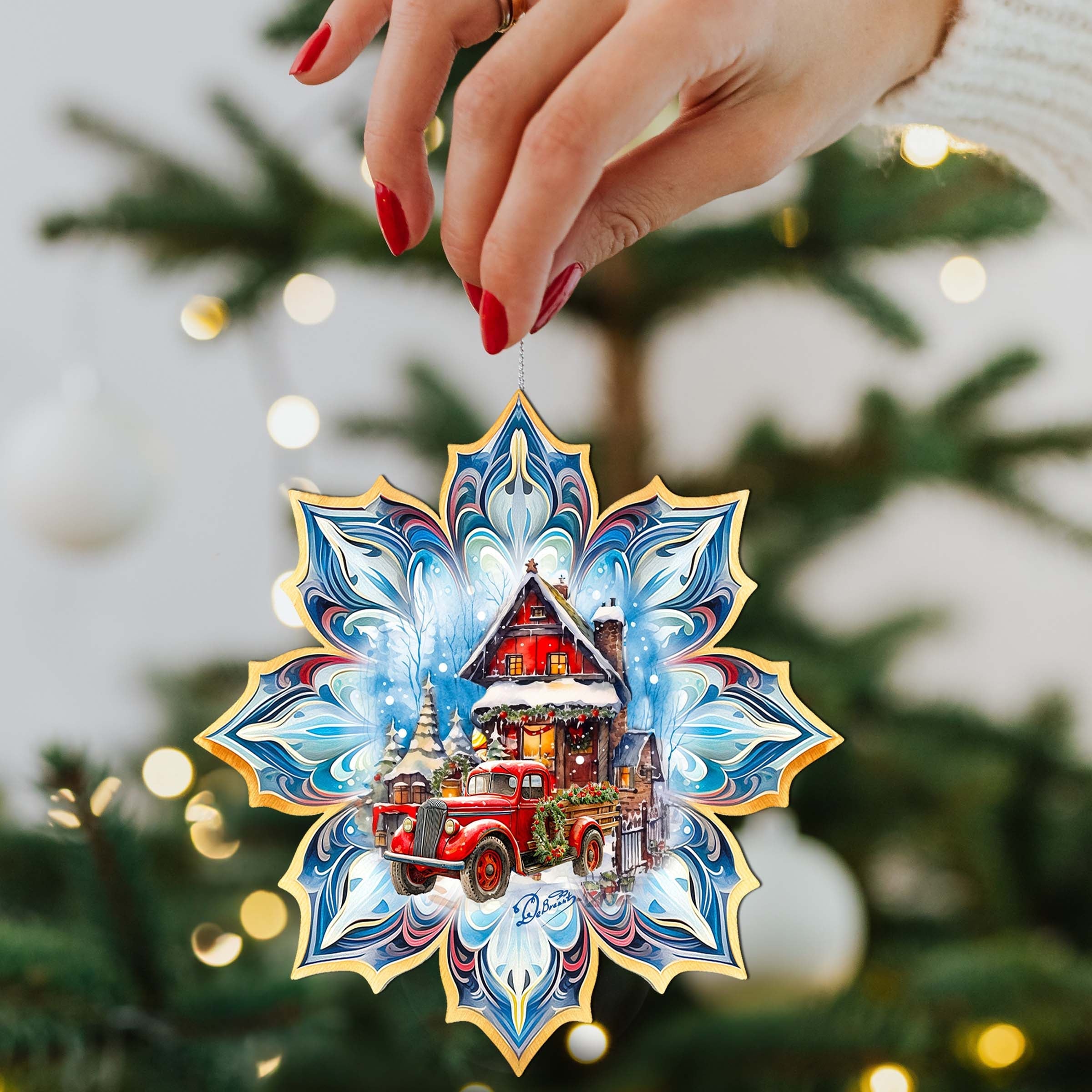 Christmas Cottage Snowflake Wooden Ornaments by G. Debrekht - Christmas Decor - 8688406-1