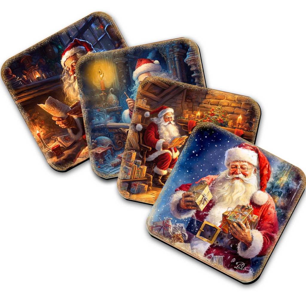 Santa Claus Wooden Cork Coasters Gift Set of 4  -0