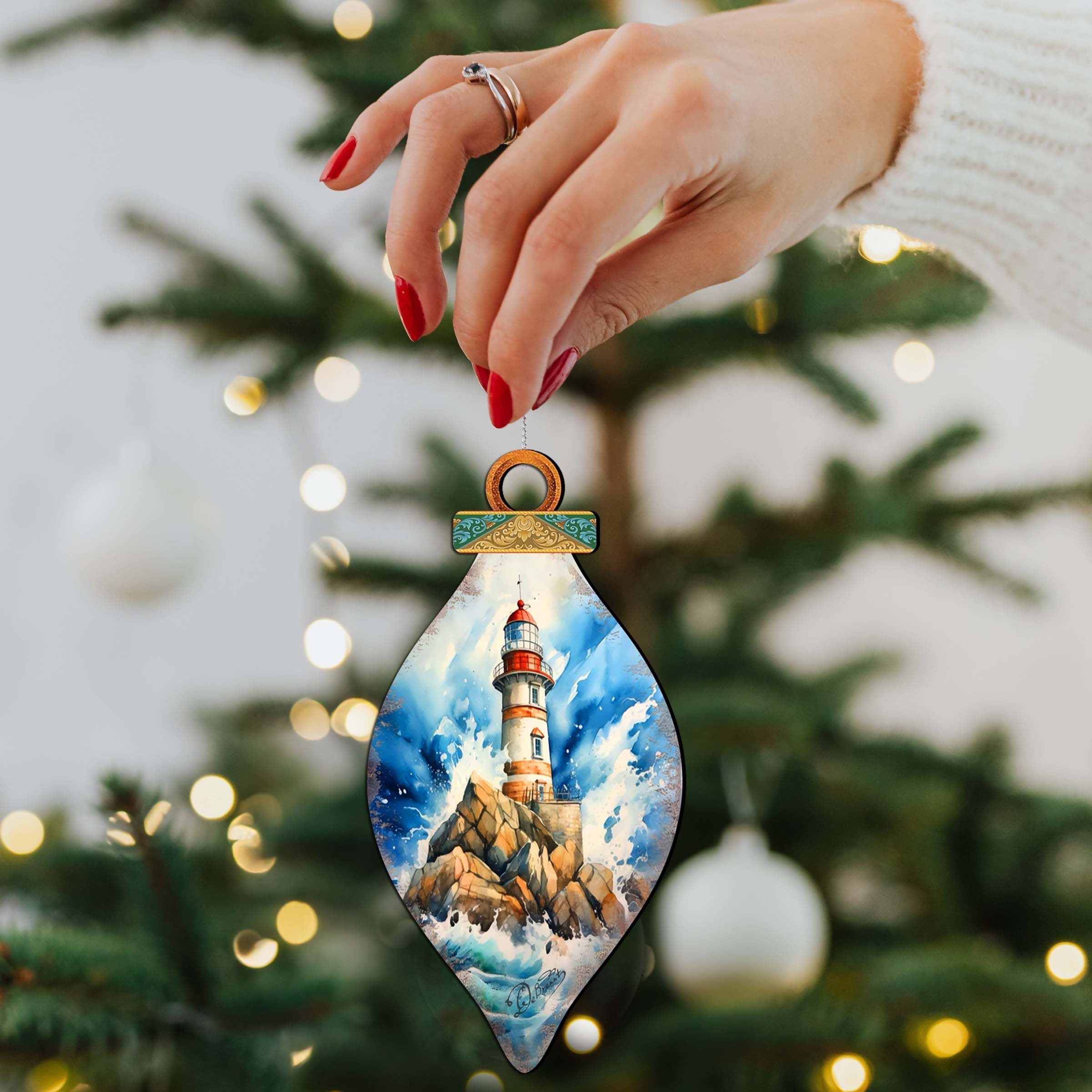 Wooden Christmas Tree Decorations - Lighthouse Wooden Ornaments by G.Debrekht Coastal Holiday Decor - 8688177-3