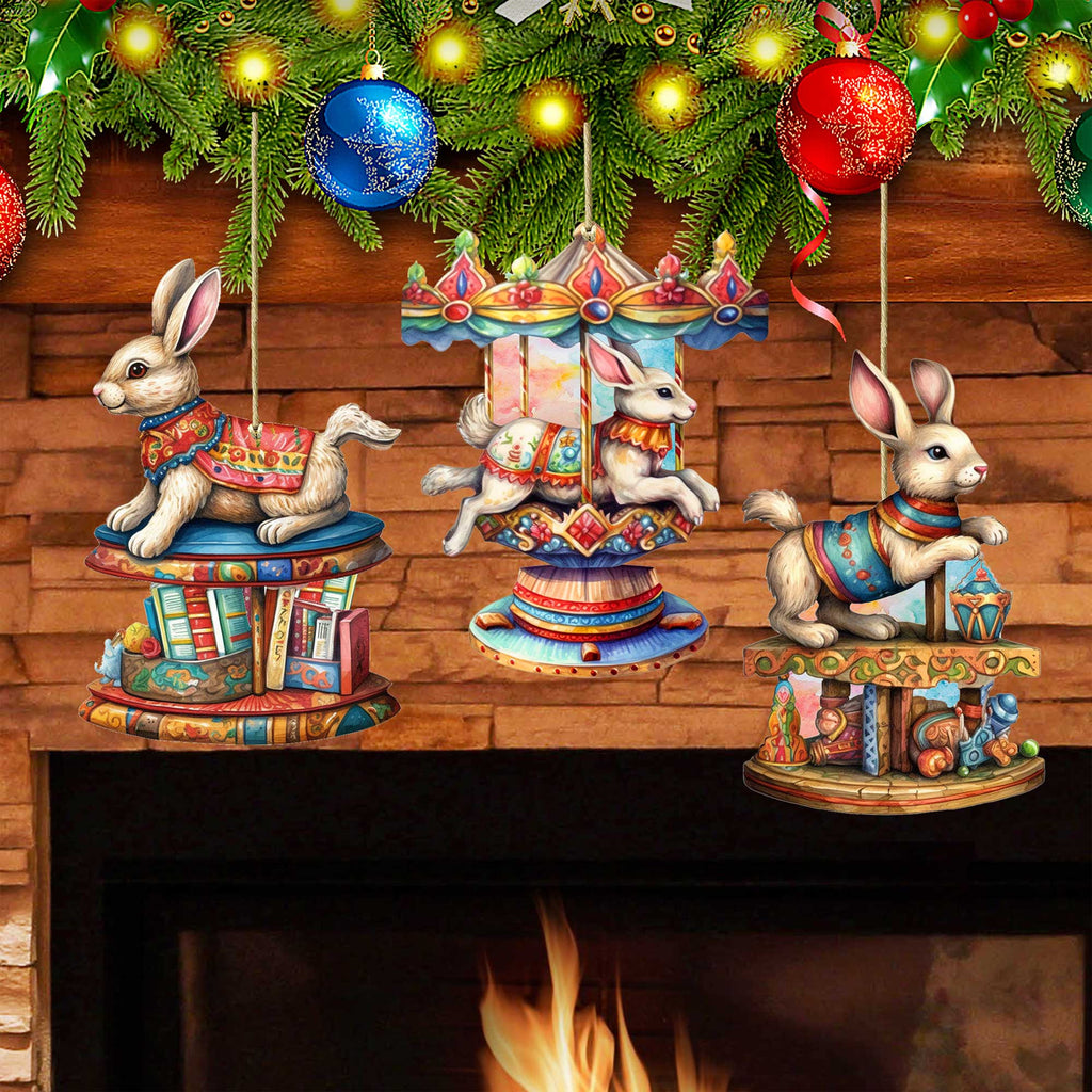 Carousel Bunnies Wooden Ornaments Set of 3 by G. Debrekht - Christmas Decor - 8100195S3-3
