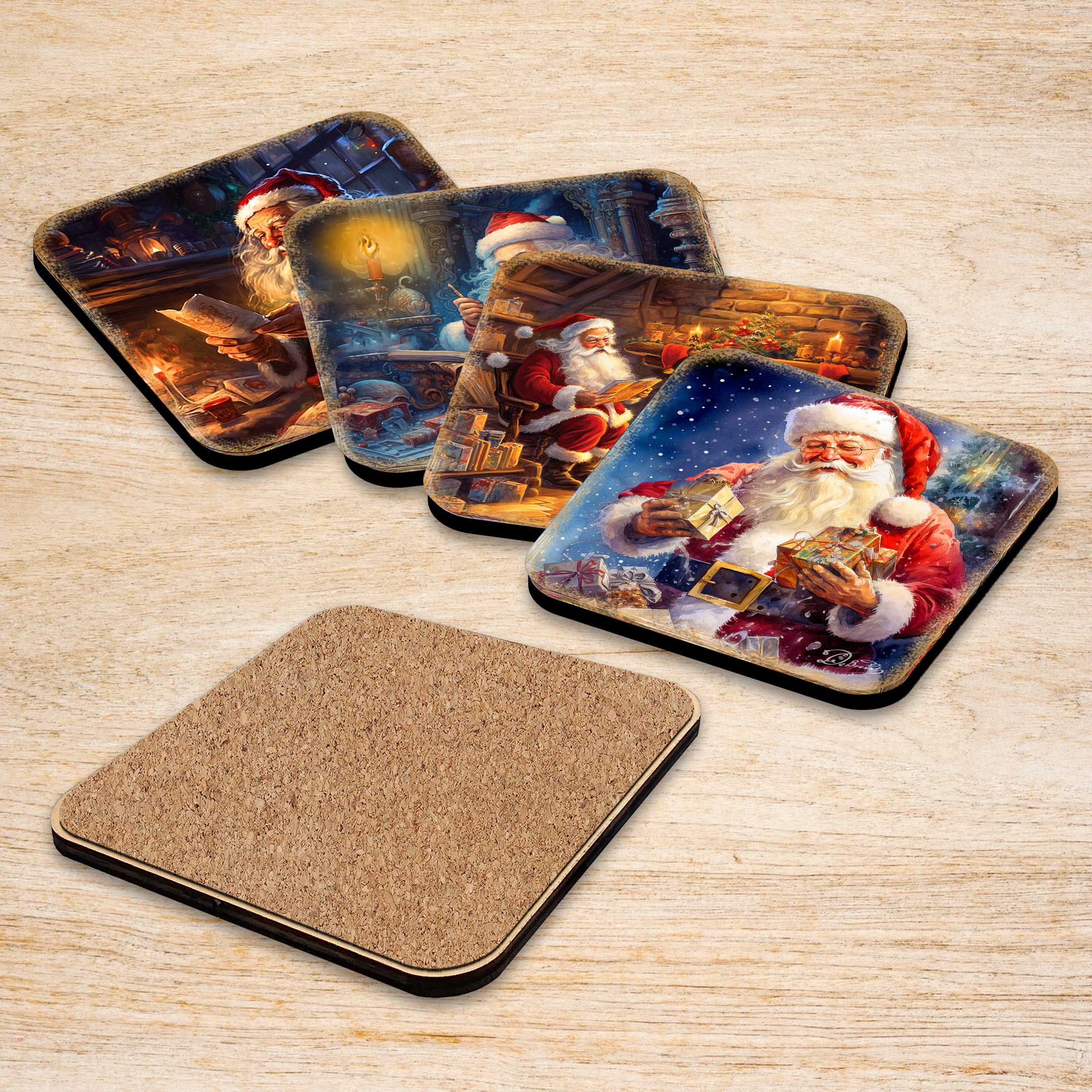Santa Claus Wooden Cork Coasters Gift Set of 4  -3