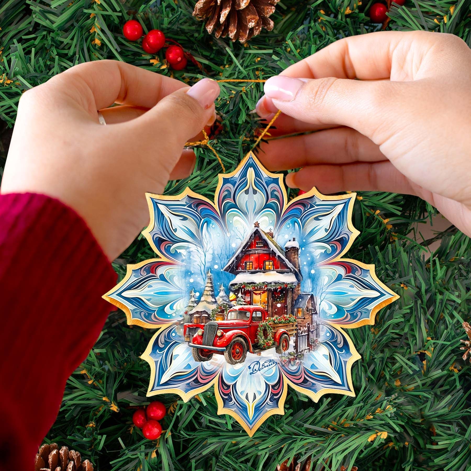 Christmas Cottage Snowflake Wooden Ornaments by G. Debrekht - Christmas Decor - 8688406-2